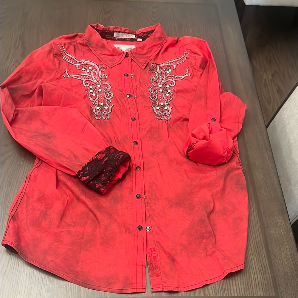 Roar Red Button Down Shirt with Embroidery